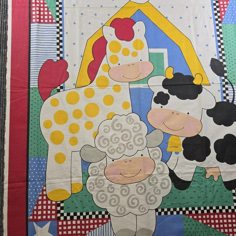 Vintage 1990s Springs Industries Farm Animals Fabric Panel Cow Sheep Horse 35x35